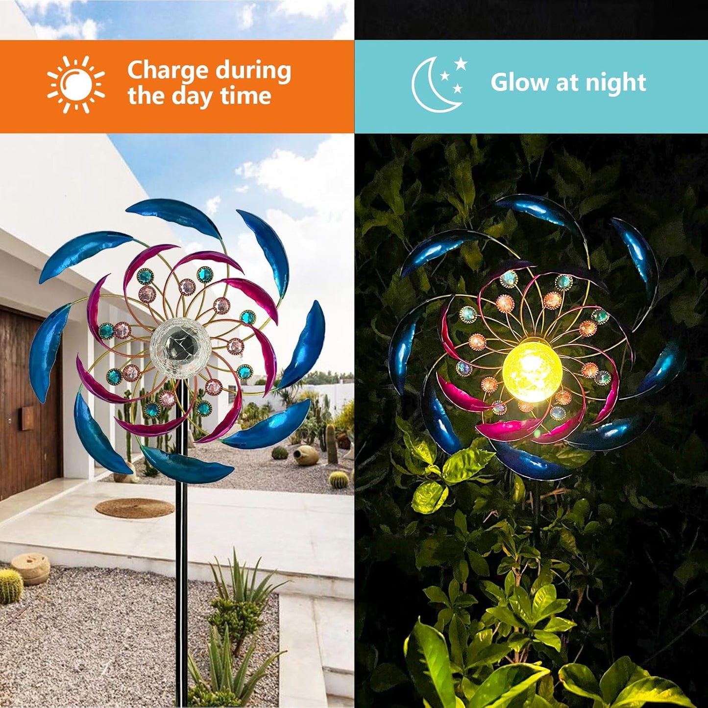 46" Wind Spinners for Yard and Garden with Solar LED Light, Metal Kinetic Wind Spinner Outdoor Decor, Wind Sculpture Yard Art Decorations for Patio, Lawn & Garden