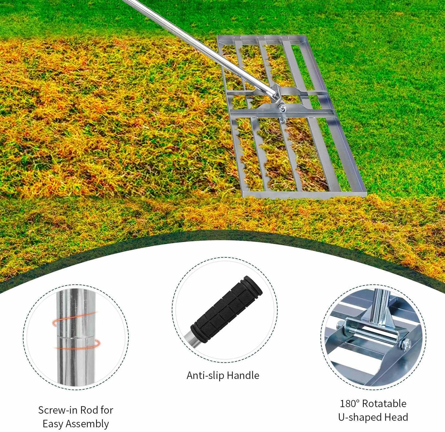 Lawn Leveling Rake 30x10 inch, (Professional-Grade) Lawn Leveler Tool, Handle Rakes for Lawns Heavy Duty Landscape Rake for Backyard, Garden, Golf Course, Farm, Pasture
