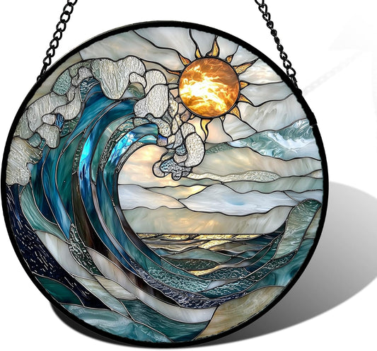 Stained Glass Window Hanging, Blue and White Waves Suncatcher Diamond Glass Panel Landscape Sun