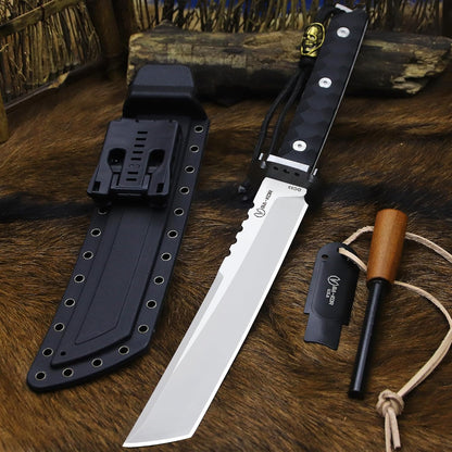 BA-KOR 15.8in Full Tang Japanese Style Outdoor Knife –8mm DC53 Steel, Nylon Fiber Handle &Sheath, Hunting Survival Knife+(5.9in) cerium igniter (Black handle and white blade (8mm))