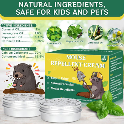 4-Pack Rodent Mouse Repellent Ointment – Natural Peppermint Mice & Moles Deterrent Paste for Garden & Lawn – Humane, Easy-Apply Formula for Long-Lasting Mole Gopher Control