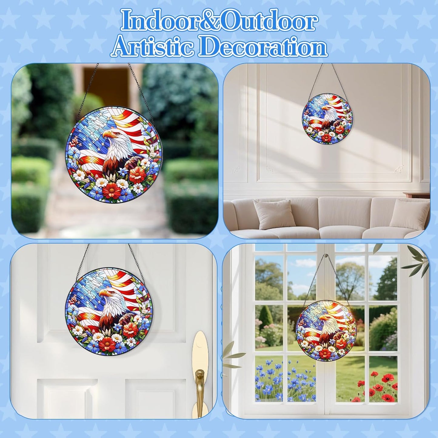 Stained Glass Hanging Bald Eagle Suncatcher, Renyalora 10 Inch Round Real Glass Patriotic Window Panel with American Flag and Wildflowers Sun Catcher for Indoor Windows, Garden, Outdoor Wall Decor