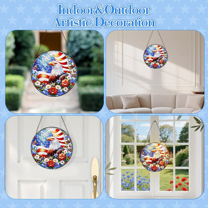 Stained Glass Hanging Bald Eagle Suncatcher, Renyalora 10 Inch Round Real Glass Patriotic Window Panel with American Flag and Wildflowers Sun Catcher for Indoor Windows, Garden, Outdoor Wall Decor