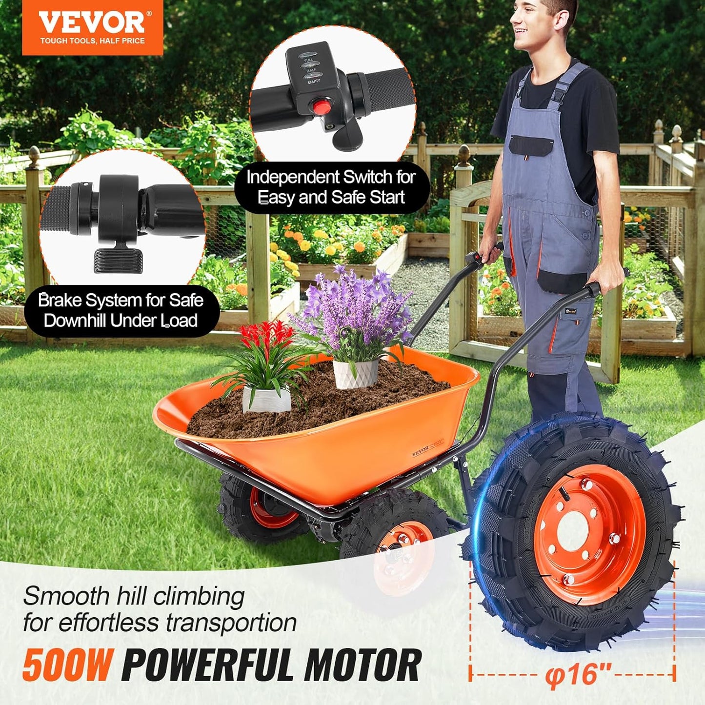 VEVOR Electric Wheelbarrow Cart, 500W Powered Utility Garden Wagon Dump Cart, 4.5 Cu. Ft. Load & 573 lbs Capacity with Metal Handle & 16" Track Wheels, Two Wheel Barrow Yard Cart & Wagons for Lawn