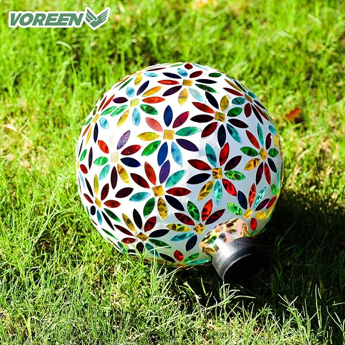 VOREEN Mosaic Glass Gazing Ball Outdoor Gazing Globe, Handmade Reflective Ball Yard Decoration for Homes, Patio, Lawn and Gardens, Gift for Mom Wife Friend, 10-Inch, Multi Colored Flowers Design