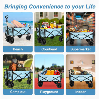 Yesker Foldable Wagon - 300lbs Collapsible Garden Carts with All Terrain Wheels for Outdoor Camping Sports Shopping Gardening - Heavy Duty Portable Utility Trolley (Blue)
