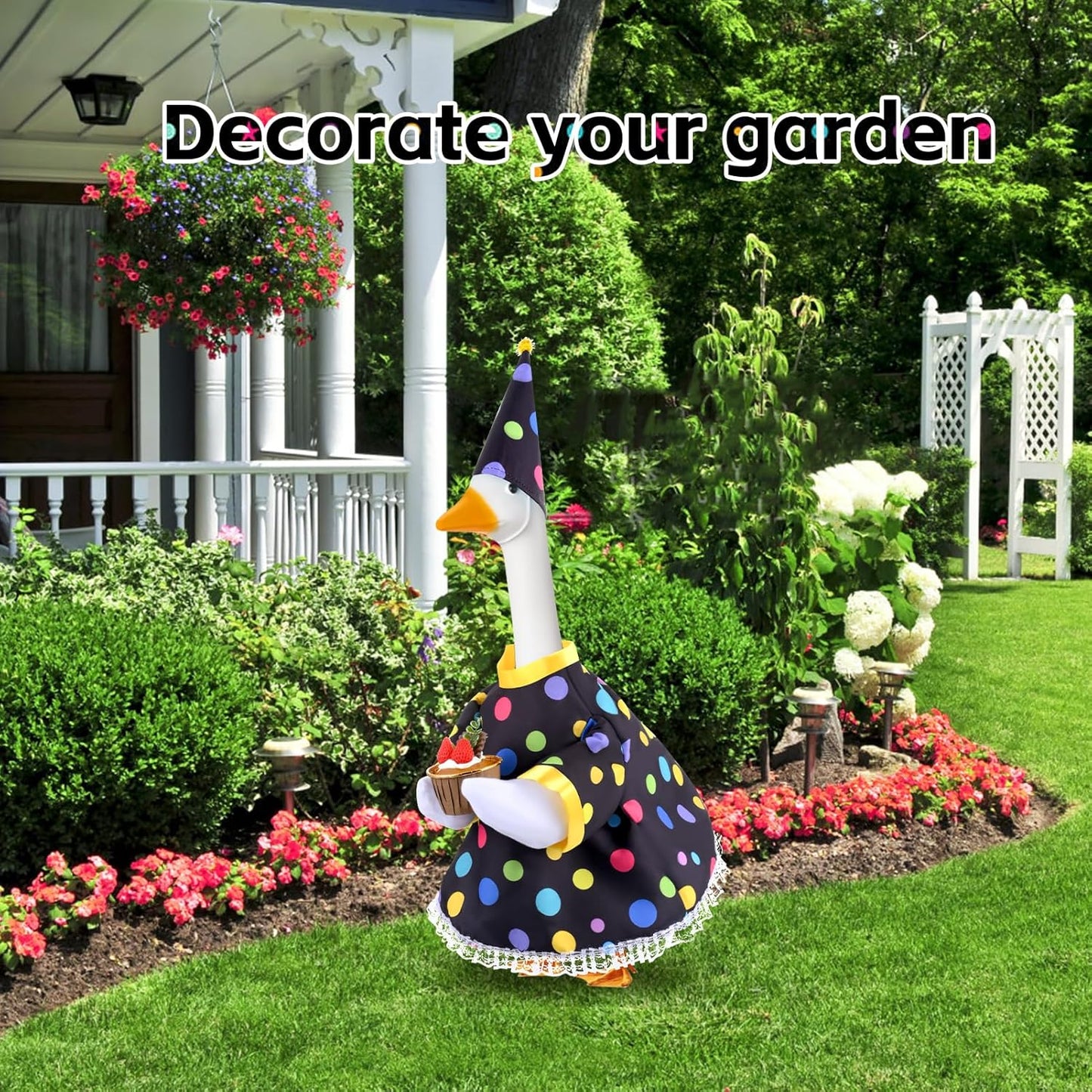 Happy Birthday Goose Outfit Porch Goose Outfits with Happy Birthday Cake Hat and Clothing for 23" Cement/Plastic Porch Goose Outdoor Statue Patio Yard Lawn Art