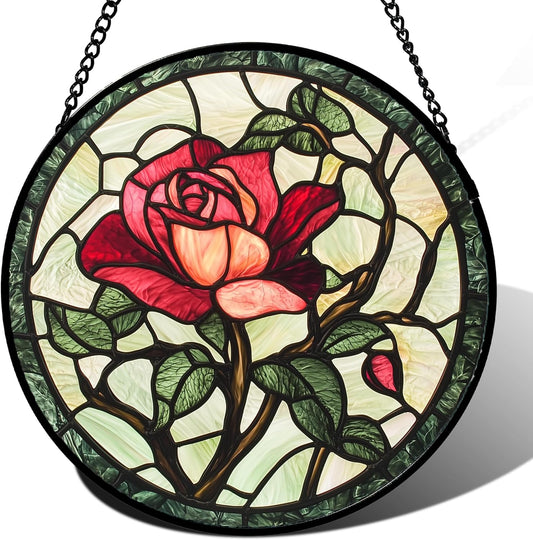 Stained Glass Window Hanging, Red Rose Flowers Sun Catcher for Door Garden Home Decor Suncatcher