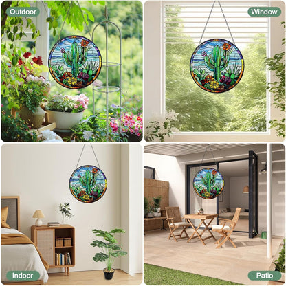 Cactus Handmade Stained Glass Window Hanging Suncatcher with Chain - 7.9" Outdoor/Indoor Art Decor for Home Garden, Wedding, Mother's, Valentine's & Christmas Ornaments Present