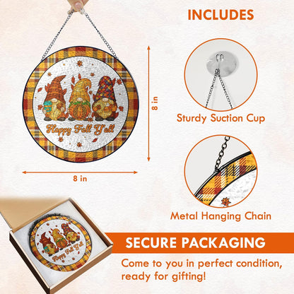 FLAGWIX Fall Decorations for Home - Happy Fall Y'all Stained Glass Window Hanging 8 in - Fall Gifts for Women Men, Gnomes Sun Catchers Indoor Window Garden Decor, Thanksgiving Decorations Sun Catcher