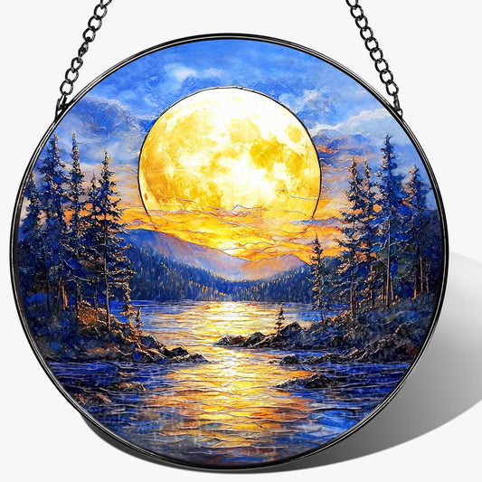 8'' Full Moon Over Forest Lake Suncatcher Ornament, Stained Glass Window Hanging, Sun Catchers for
