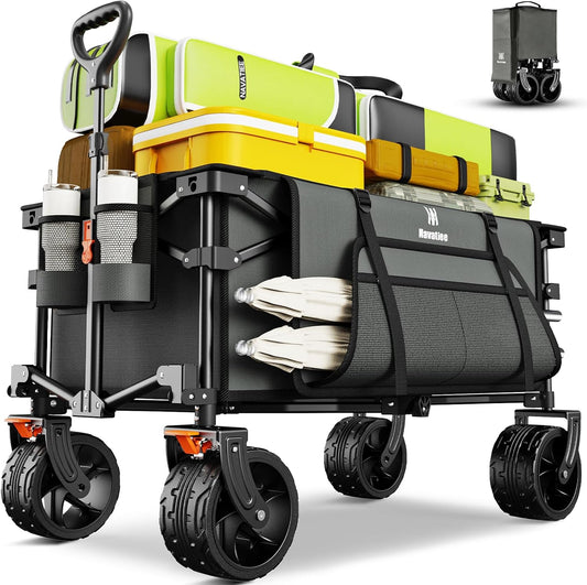Navatiee Big Wheels Collapsible Wagon Cart Foldable, Heavy Duty Beach Wagon with Silent All-Terrain