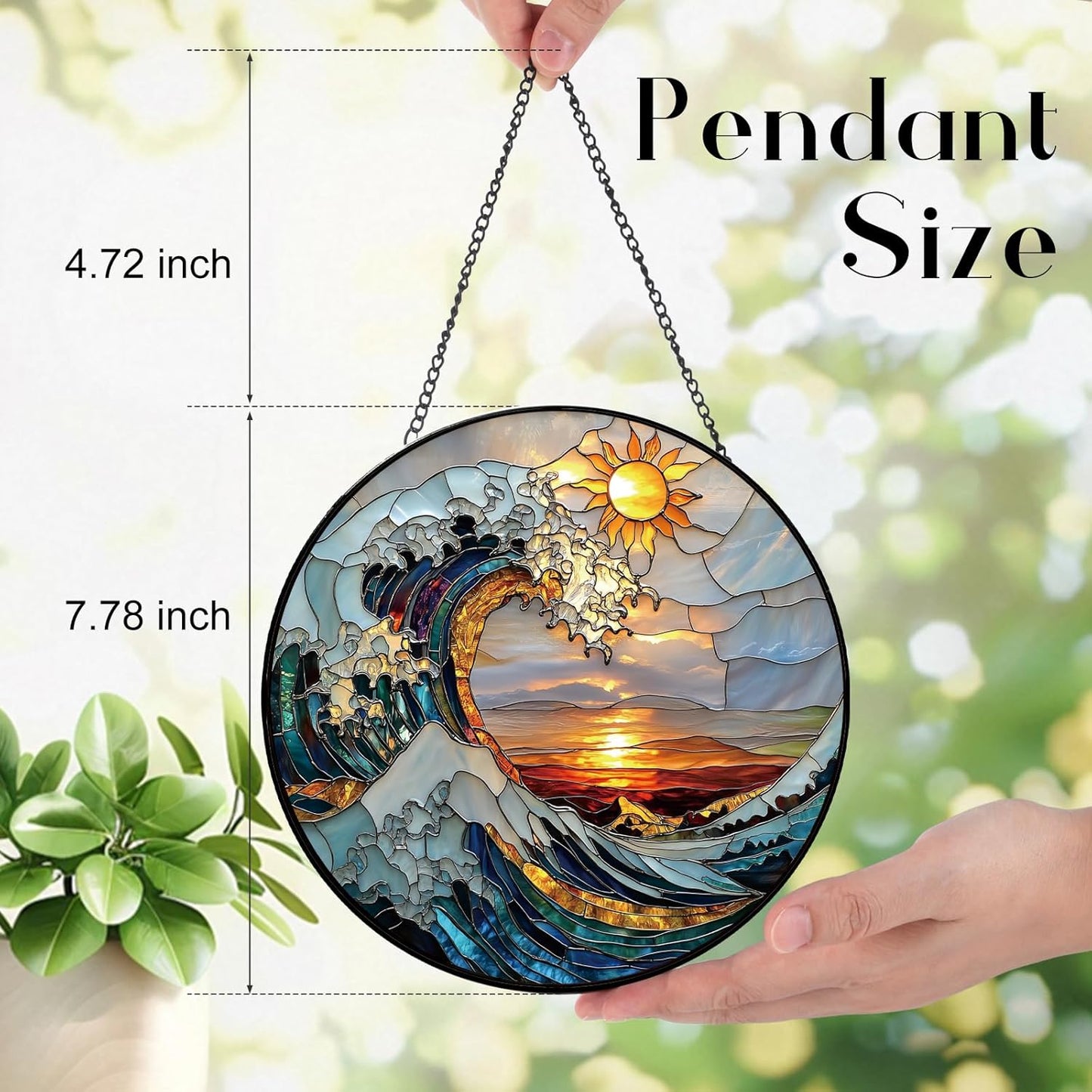 The Ocean Waves and The Sunrise Suncatcher -7.9 in Stained Glass Window Hanging Sun Catcher Garden Decor