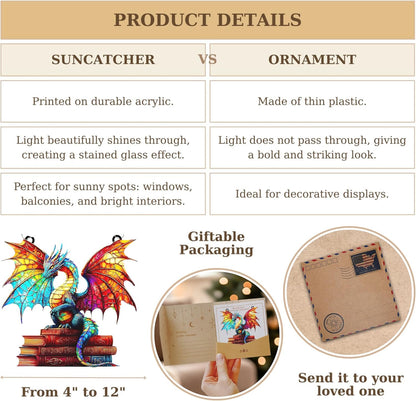 Book Dragon Acrylic Suncatcher Stained Glass Effect Window Car Hanging Christmas Ornament Indoor Outdoor Decor Garden Bookish Sun Catcher Panel for Books Lover for Women Mom Grandma