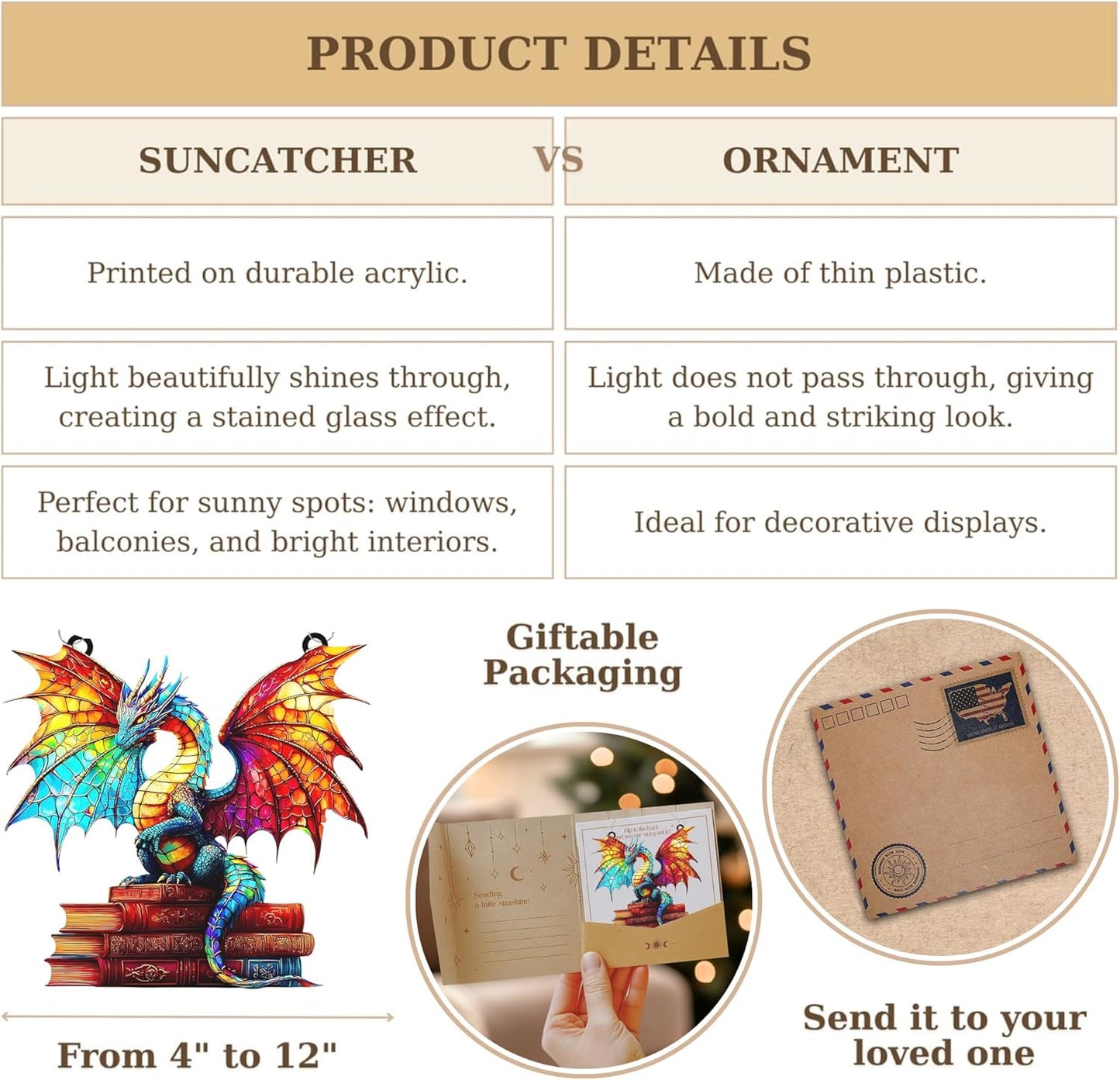 Book Dragon Acrylic Suncatcher Stained Glass Effect Window Car Hanging Christmas Ornament Indoor Outdoor Decor Garden Bookish Sun Catcher Panel for Books Lover for Women Mom Grandma