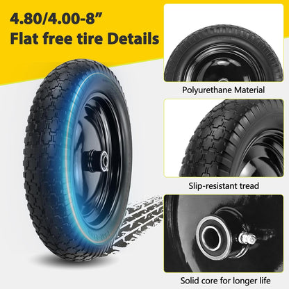 2PC 4.80/4.00-8 Flat Free Tire, 14.5 Wheelbarrow Tire and Wheel with 5/8" Bearings & Extra 3/4", 3-7" Centered Hub, 4.80/4.00-8 tire and wheel Fit for Gorilla Cart, Garden Cart/Hand Truck