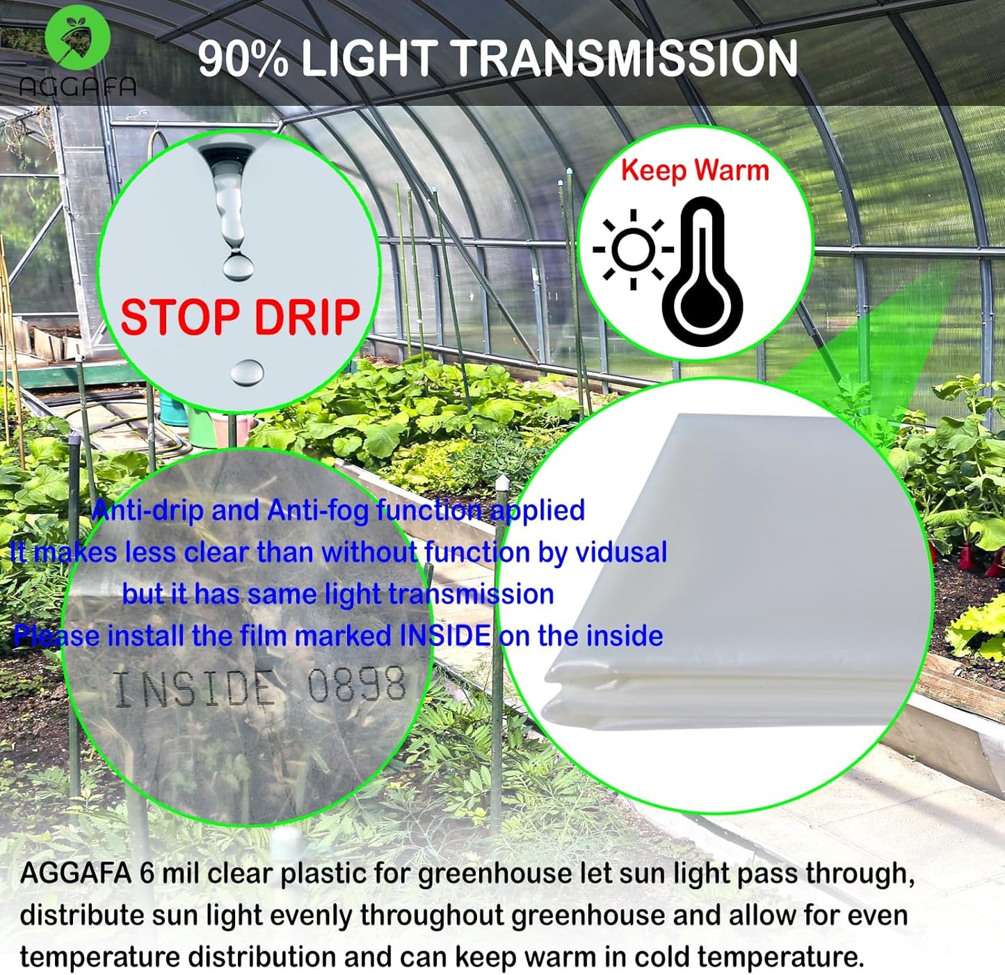 6 mil (24ft x 50ft) 100% Virgin Material. 5Layers Advanced Extrusion Technology for UV Protection, Anti-drip, Anti-Fog, Thermal and Strength. 4Years Lifetime UV Resistant Greenhouse Plastic
