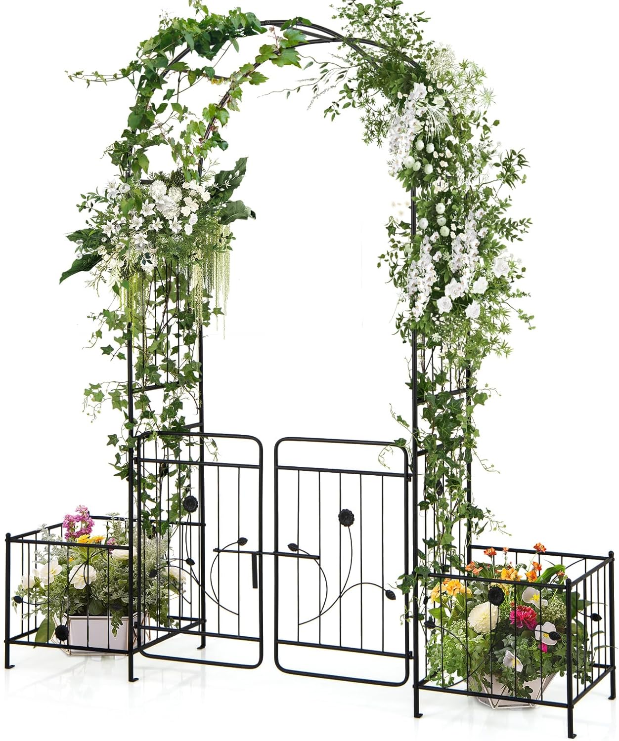 S AFSTAR 87-Inche Garden Arbor with Gate & Side Planter Box, Metal Garden Arch with Lockable Gate, Arched Top Arbour, Heavy-Duty Arched Trellis Archway for Climbing Plants Grape Vines Wedding Ceremony