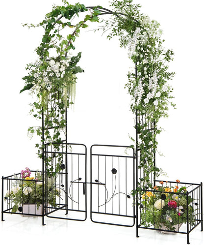 S AFSTAR 87-Inche Garden Arbor with Gate & Side Planter Box, Metal Garden Arch with Lockable Gate, Arched Top Arbour, Heavy-Duty Arched Trellis Archway for Climbing Plants Grape Vines Wedding Ceremony