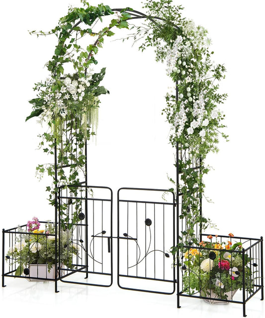 S AFSTAR 87-Inche Garden Arbor with Gate & Side Planter Box, Metal Garden Arch with Lockable Gate, Arched Top Arbour, Heavy-Duty Arched Trellis Archway for Climbing Plants Grape Vines Wedding Ceremony