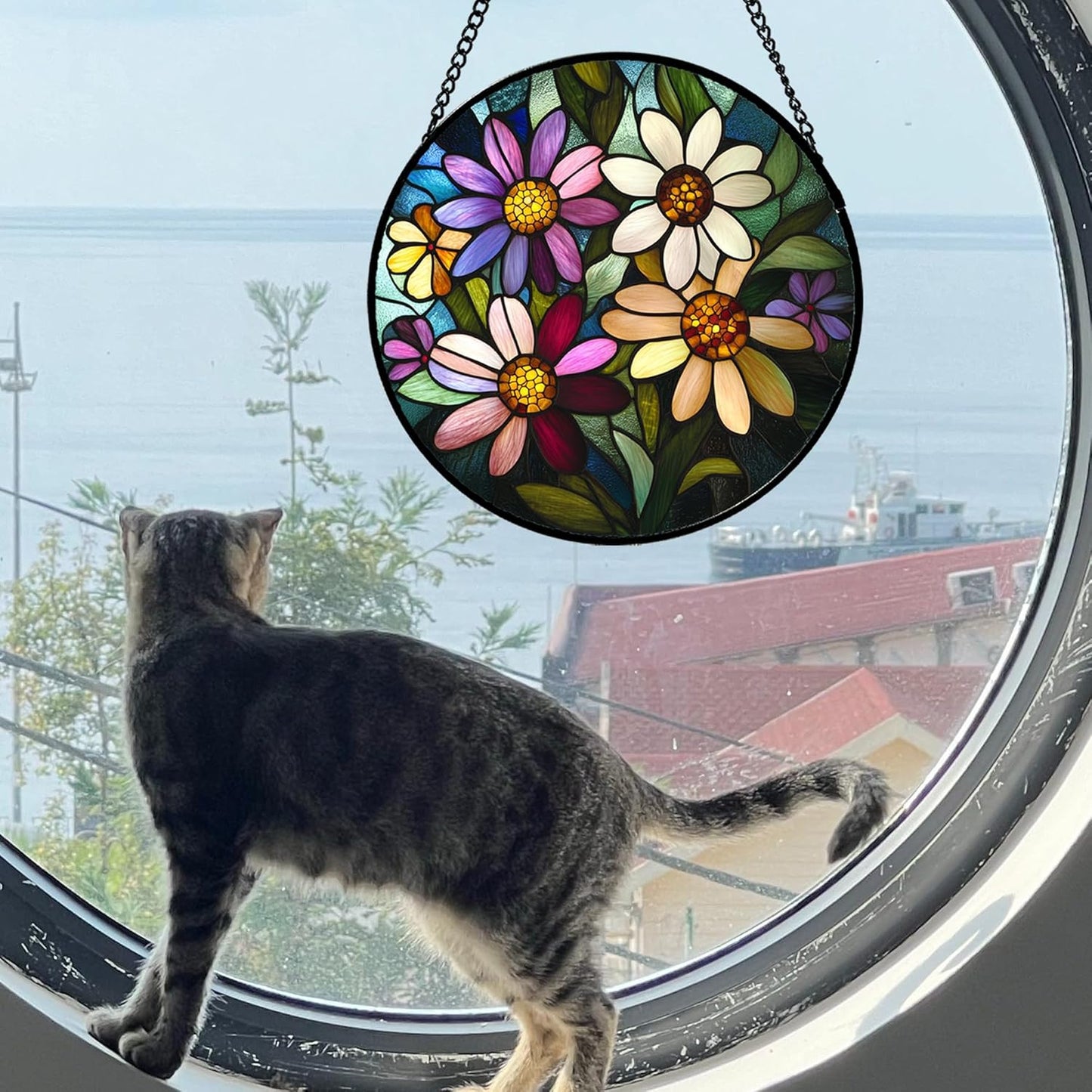 CRICRISGIF Stained Glass Window Hanging - Colorful Daisies Suncatcher for Door Garden Patio Retro Flower Sun Catchers Decor Christmas Mother's Day Birthday Gifts for Women Mom Nana Aunt Friend 9.8 in