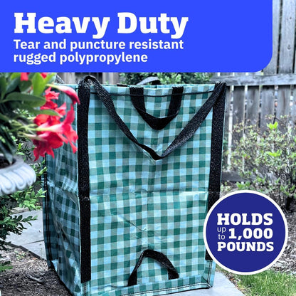 DURASACK Heavy Duty Home and Yard Bags 48-Gallon Reusable Self-Standing Lawn and Leaf Bags Garbage Can with Reinforced Handles, Gingham Green, 3 Pack