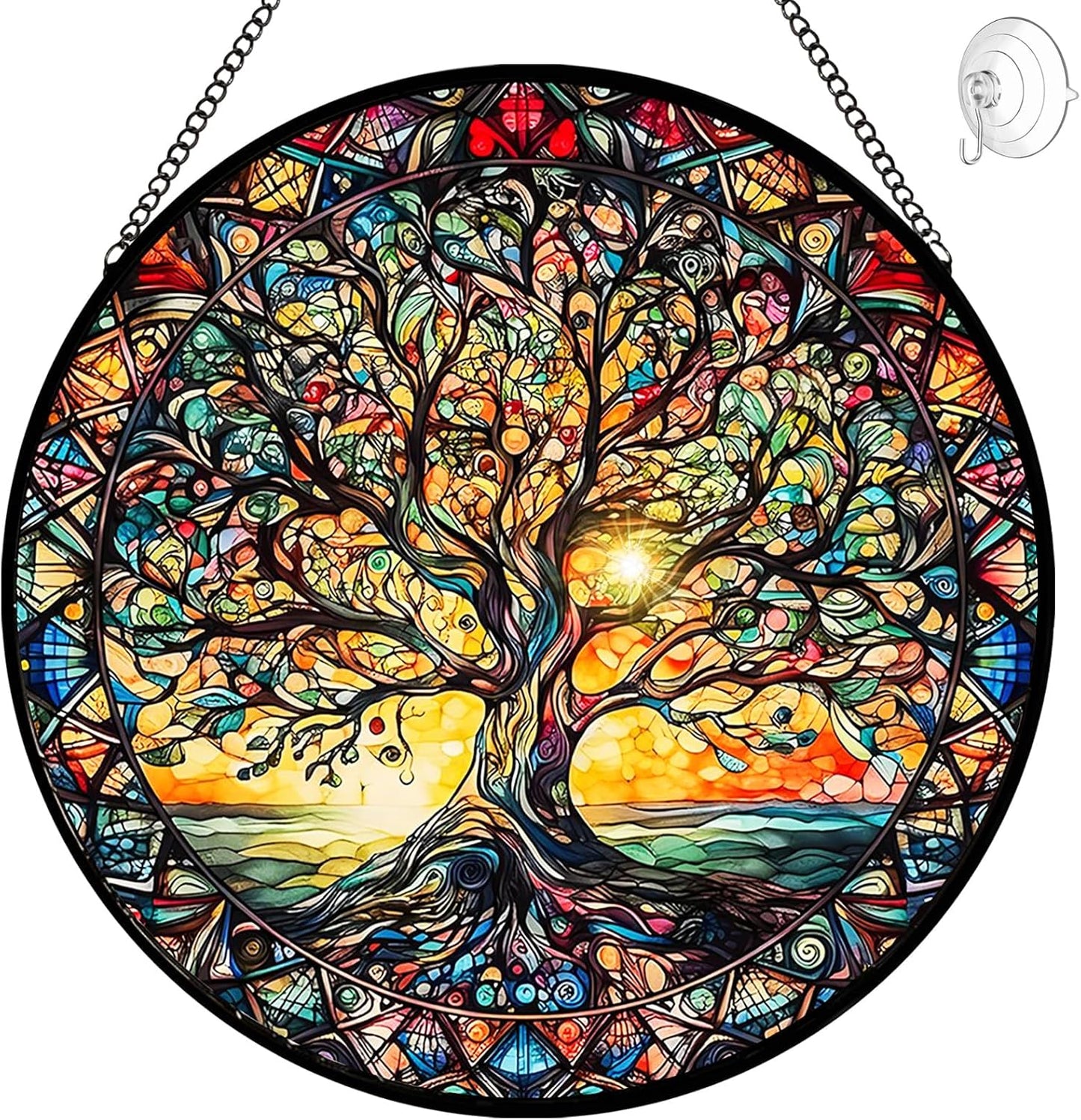 Tree of Life Suncatcher Stained Glass Window Hanging - 8″ Handmade Sun Catchers Indoor Window Catcher Suncatchers for Windows Hanging - Wall Art Home Garden Decor Panel - Birthday Gifts for Women Men