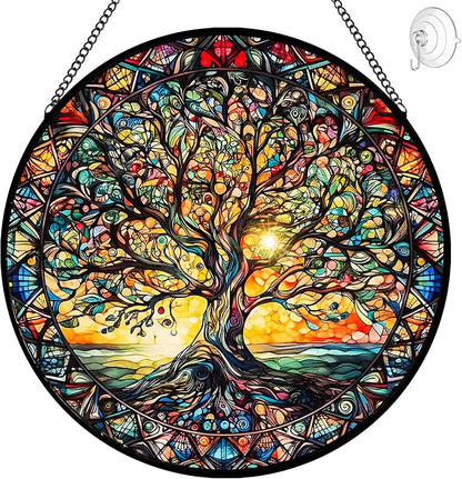 Tree of Life Suncatcher Stained Glass Window Hanging - 8″ Handmade Sun Catchers Indoor Window Catcher Suncatchers for Windows Hanging - Wall Art Home Garden Decor Panel - Birthday Gifts for Women Men