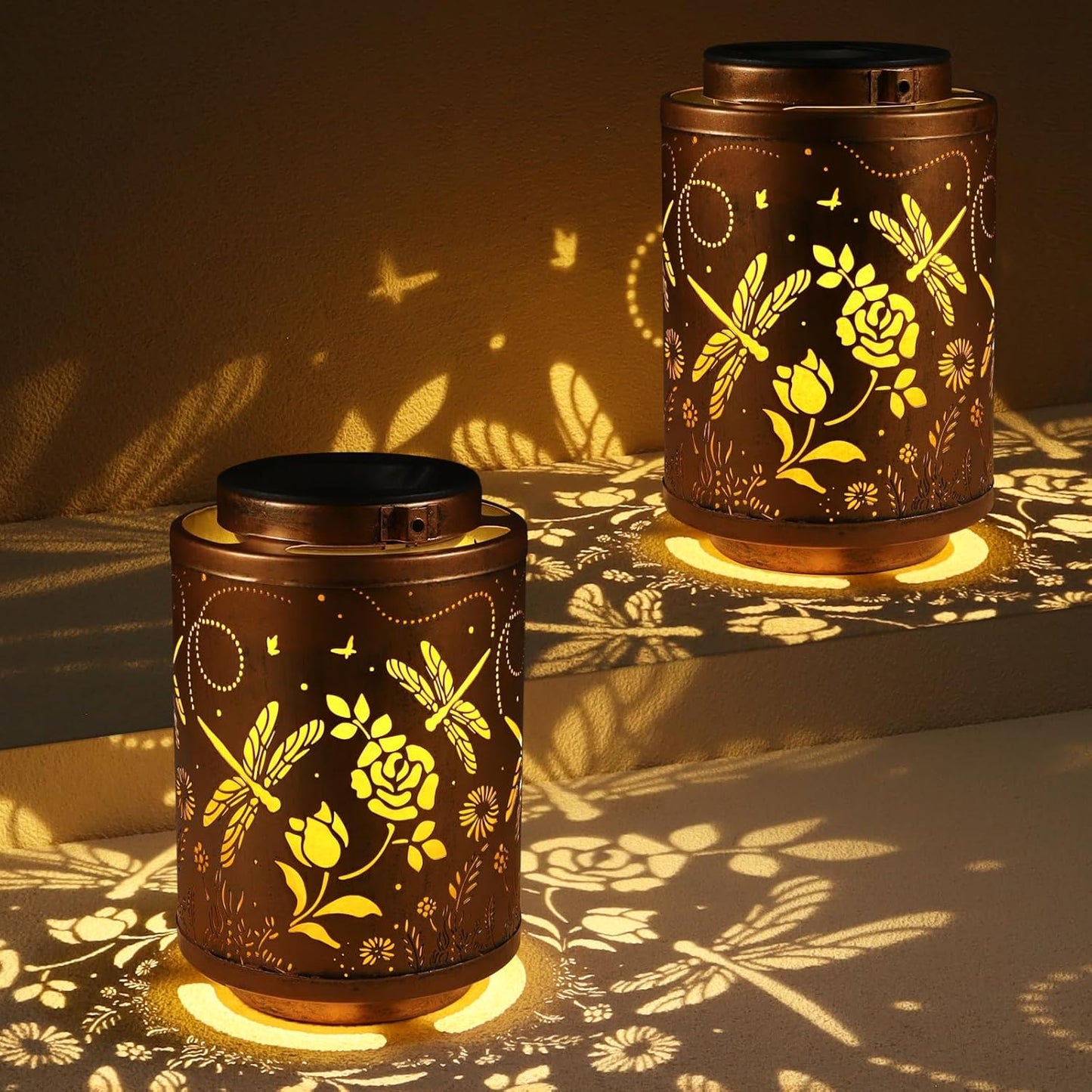 2 Pack Solar Lanterns Garden Decor Birthday Gifts for Women Mon Grandma Metal Hanging Solar Lights Waterproof Outdoor Decoration for Outside LED Lanterns for Yard (Dragonfly)