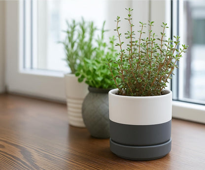D'vine Dev 4.7 Inch Ceramic Planter Pot with Drainage Hole and Saucer, Indoor Cylinder Round Planter Pot, White/Speckled Grey, 94-O-B-6