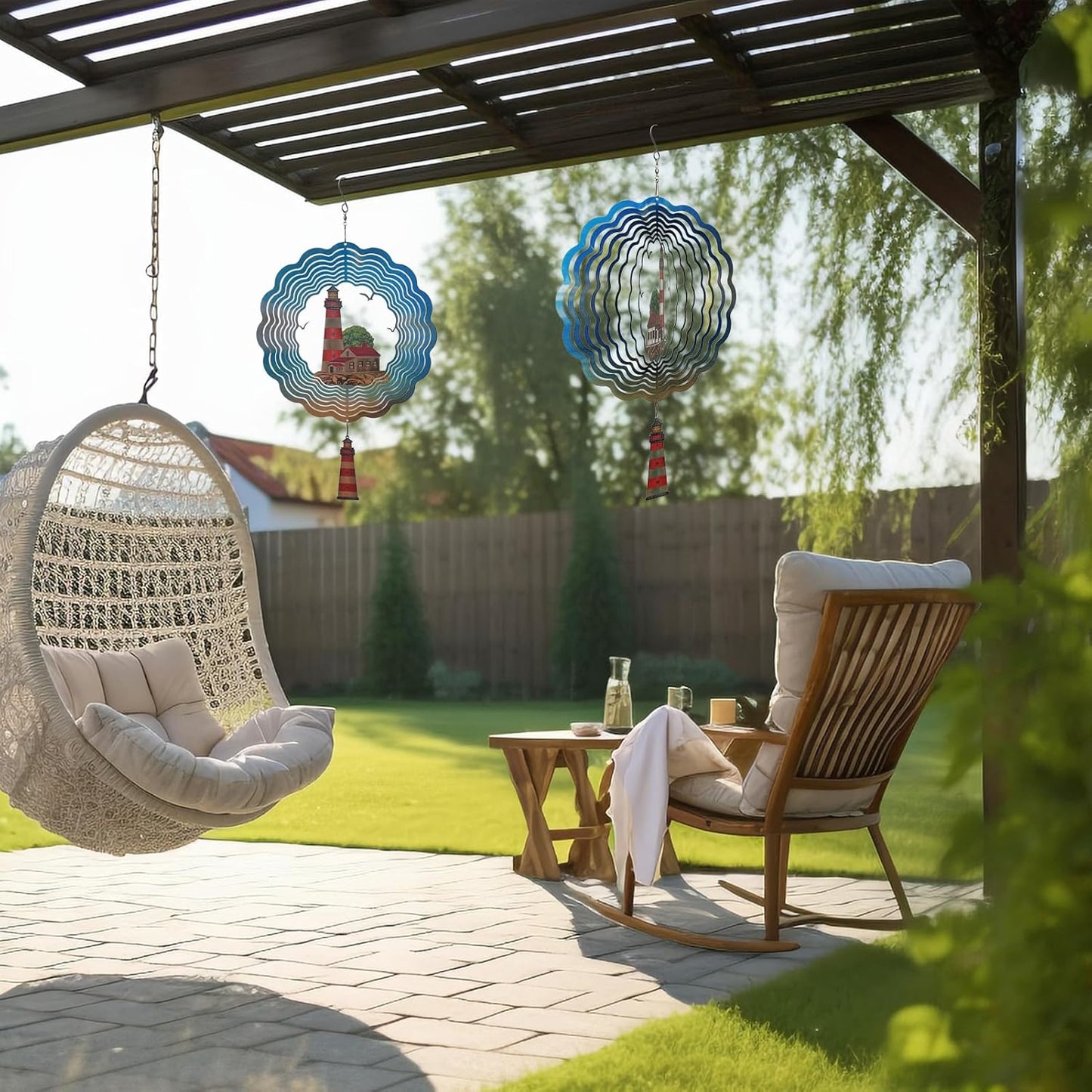 Lighthouse Wind Spinner,Metal Wind Spinners for Outdoor,3D Double Sided Hanging Beach Decor for Indoor,Outdoor,Unique Gifts for Women