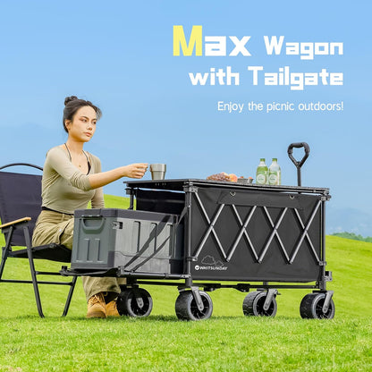 Whitsunday Collapsible Folding Wagon with Table, Heavy Duty Utility Beach Wagons with Opened Tailgate and All-Terrain Wheels for Camping,Garden,Sports (Max Black)