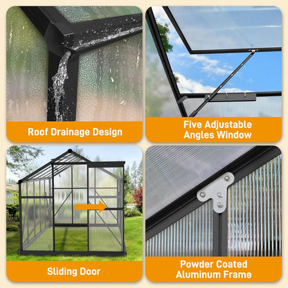 VINGLI 6x10 FT Greenhouse for Outdoors, Twin-Wall Translucent Heavy Duty Polycarbonate Greenhouse Kit with 5 Roof Vents, Weather Resistance for Plants Protection, for Home Gardening (Black, 6x10 FT)