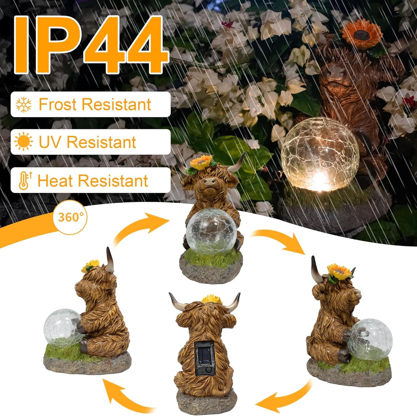 Highland Cow Outdoor Statue with Solar Transparent Ball for Garden Outside Yard Lawn Decor Highland Cow Figurine Porch Patio Balcony Home, Birthday Gifts for Mom Women