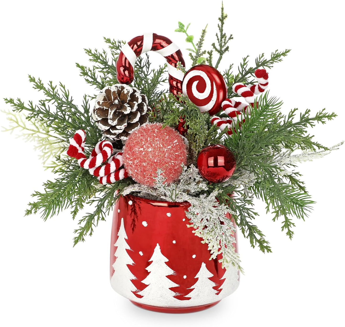 Christmas Centerpieces for Tables, Small Christmas Table Arrangements with Ceramic Vase Red & White Winter Holiday Table Centerpiece with Pine Branches Candy Cane Decor for Tabletop Dinner Tables