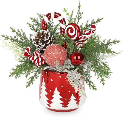 Christmas Centerpieces for Tables, Small Christmas Table Arrangements with Ceramic Vase Red & White Winter Holiday Table Centerpiece with Pine Branches Candy Cane Decor for Tabletop Dinner Tables