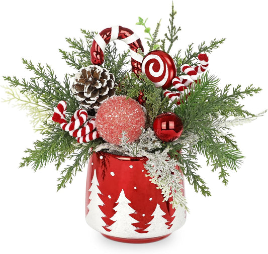 Christmas Centerpieces for Tables, Small Christmas Table Arrangements with Ceramic Vase Red & White Winter Holiday Table Centerpiece with Pine Branches Candy Cane Decor for Tabletop Dinner Tables