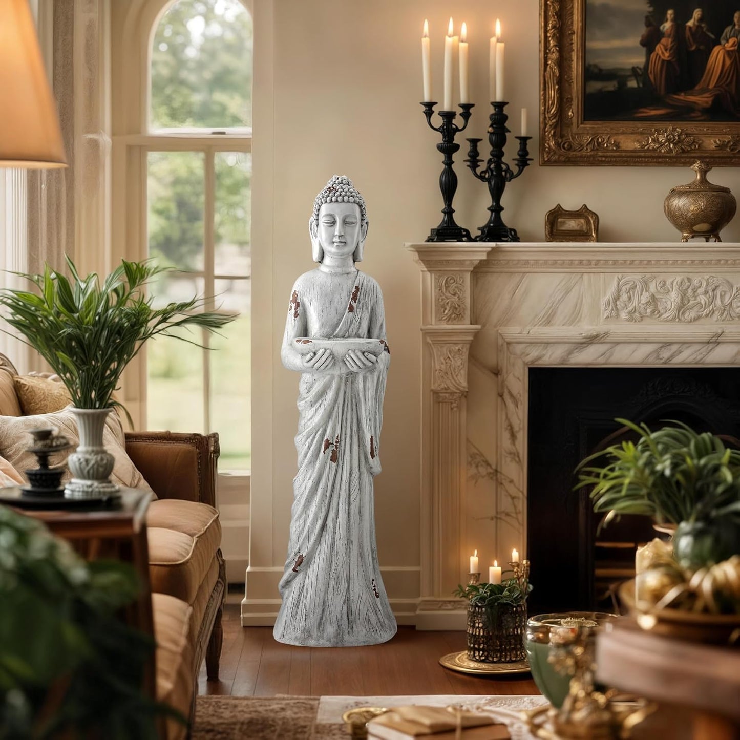 Zen Garden Asian Buddha Statue, 42.1" Large Outdoor Yard Sculpture,Durable Magnesium Oxide Stone Decor for Patio, Yard,Indoor Spaces, Antique White
