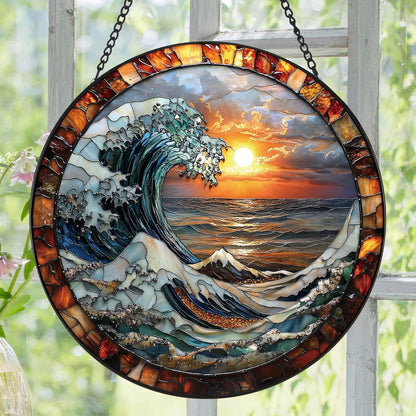 The Ocean Waves and The Sunrise Suncatcher -7.9 in Stained Glass Window Hanging Sun Catcher Garden Decor