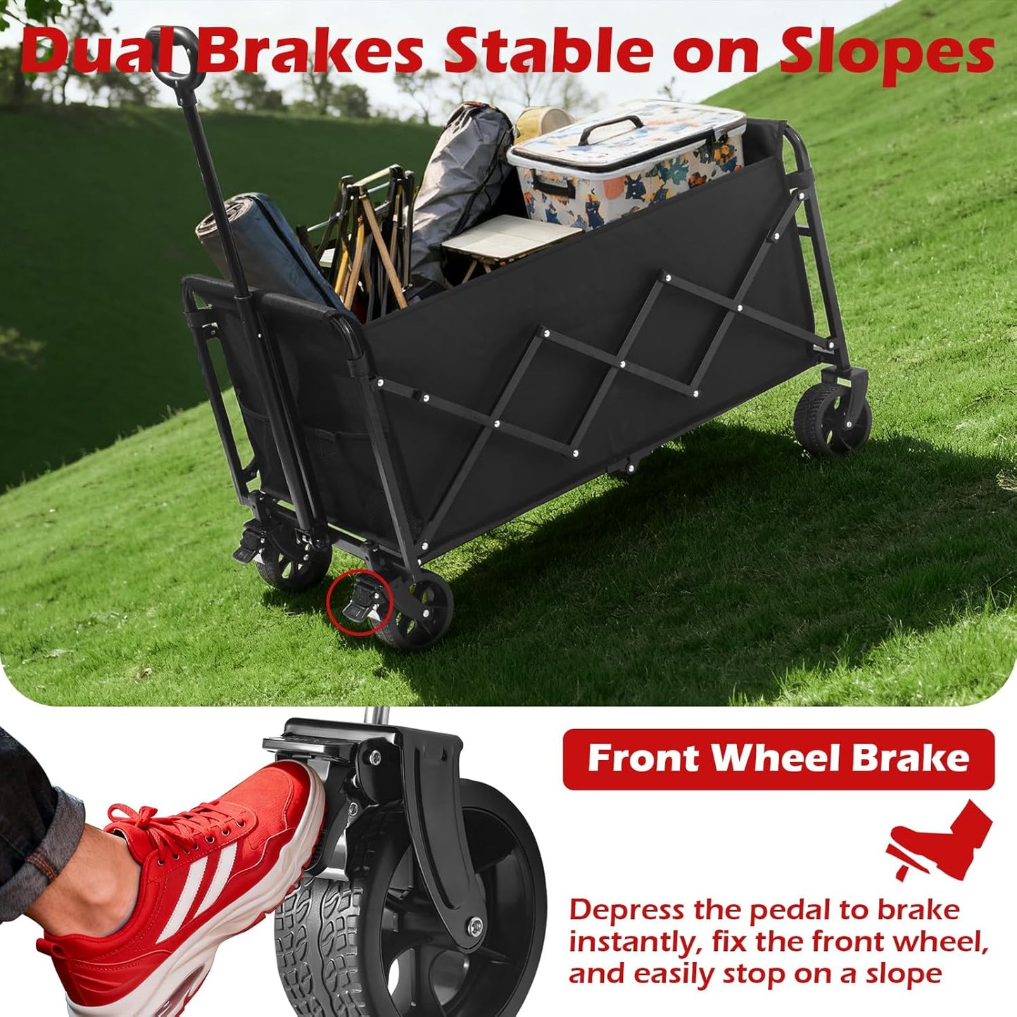 Collapsible Wagons Carts Foldable Wagon, 500LBS Heavy Duty Wagon Cart Foldable with Brakes & All-Terrain Wheels, Large Collapsible Folding Wagons for Beach Camp Sports Grocery, Portable (Black)
