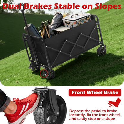 Collapsible Wagons Carts Foldable Wagon, 500LBS Heavy Duty Wagon Cart Foldable with Brakes & All-Terrain Wheels, Large Collapsible Folding Wagons for Beach Camp Sports Grocery, Portable (Black)