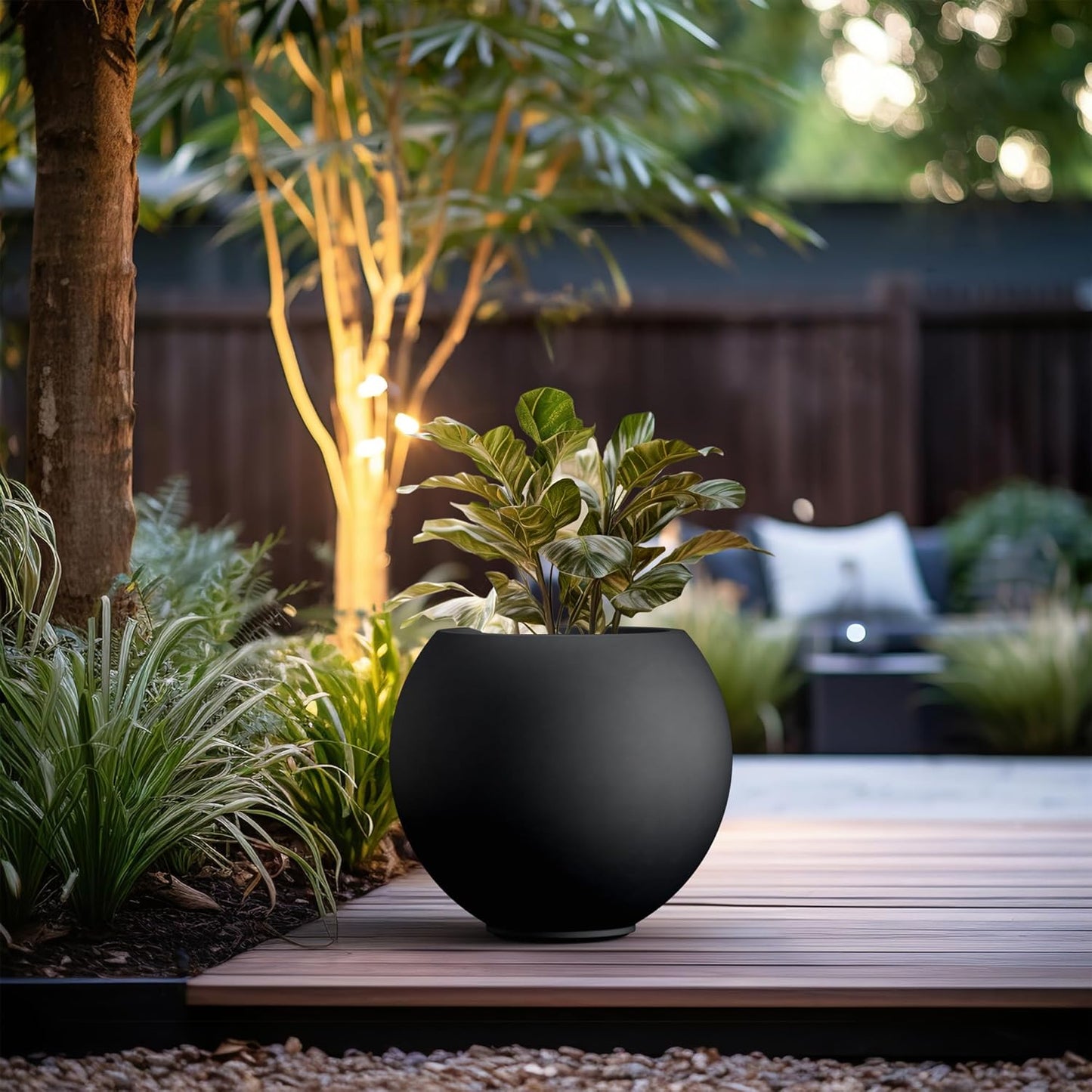 Kante Round Concrete Flower Pot, 19.3 Inch Dia (14" Opening) Sphere Shape Design Planter with Drainage Hole and Rubber Plug for Indoor & Outdoor Plants, Black Finish with Warm Brown Interior