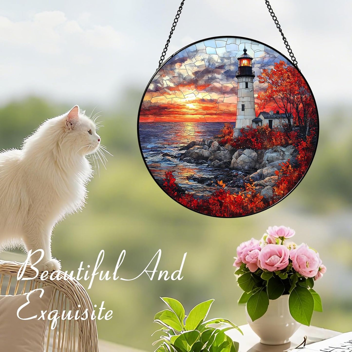 Coastal Lighthouse in Autumn Suncatcher -7.9 in Stained Glass Window Hanging Sun Catcher Garden Decor