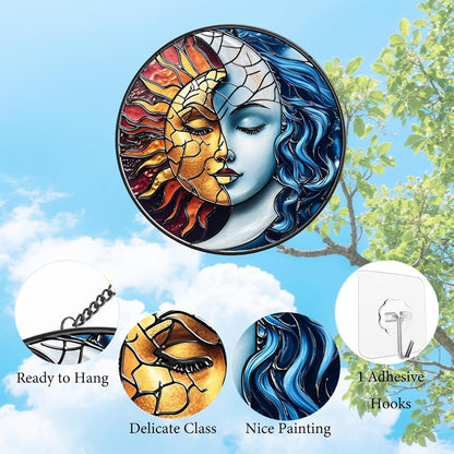 Bohemia God of The Sun and Moon Suncatchers for Windows Hanging - 8 in Stained Glass Sun Catchers Indoor Window, Suncatcher Stain Glass Windows Hanging for Home Decor Wall Art, Gifts for Holiday