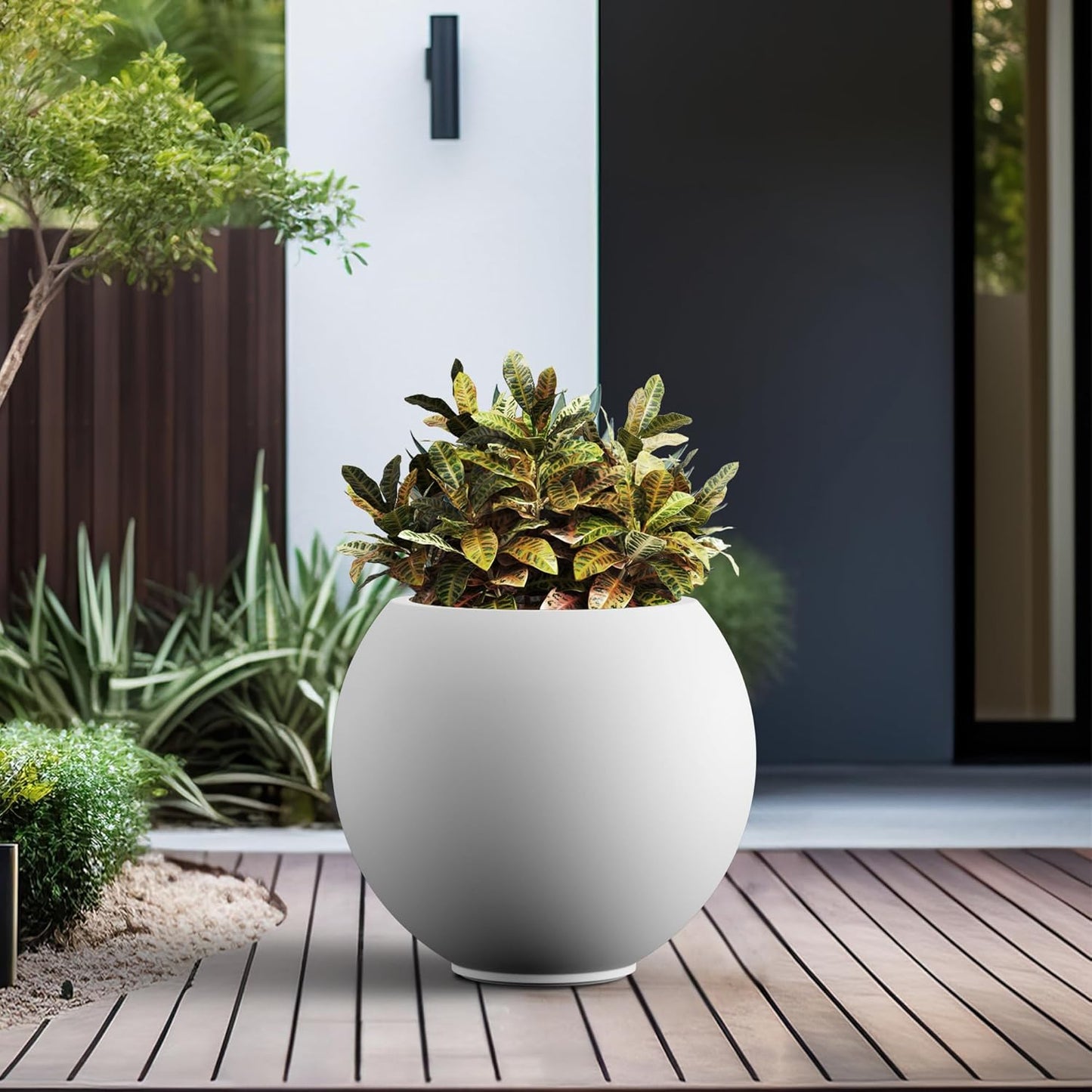 Kante Round Concrete Flower Pot, 19.3 Inch Dia (14" Opening) Sphere Shape Design Planter with Drainage Hole and Rubber Plug for Indoor & Outdoor Plants, White Finish with Aqua Blue Interior