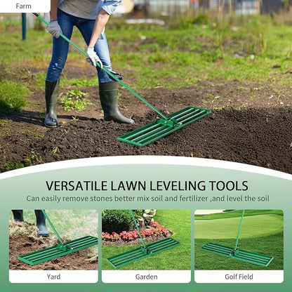 VINGLI Iron Lawn Leveling Rake 30in for Soil Sand Composs, Extended Handle, 180°Rotation Head, with All Handwares, for Yard Garden Golf Field, Green (30in)