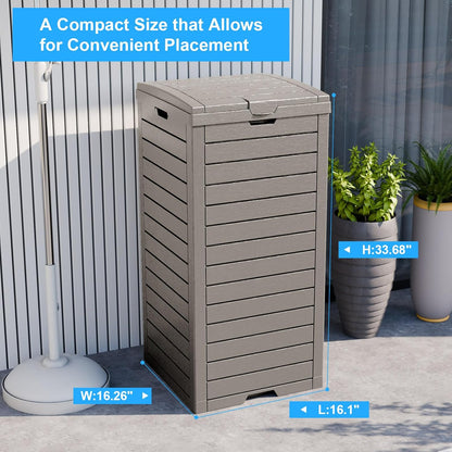 Outdoor Trash Can with Lid, Outdoor Trash Bin & Pull-Out Liquid Drawer, Dual Lid Closure Design, Waterproof Resin Garbage Can Container for Patio, Backyard, Deck (Grey, 31 Gallon)