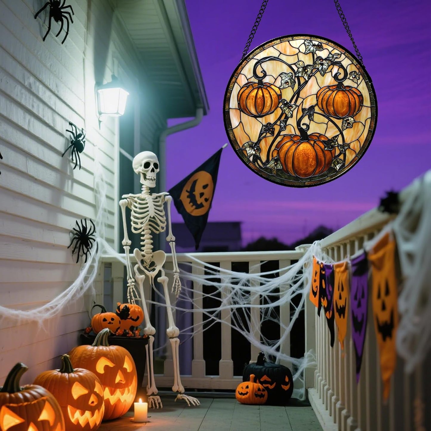 Stained Glass Window Hanging - Halloween Decoration Orange Pumpkin Vine Leaves Suncatcher for Door Garden Spooky Sun Catchers Gothic Decor Horror Gifts for Women Men Friend Boy Girl 11.8 in