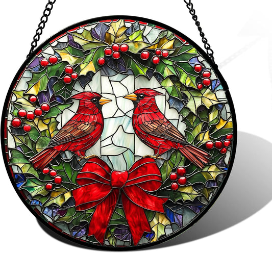 Stained Glass Window Hanging - Cardinals Green Wreath Suncatcher for Doors Home Christmas