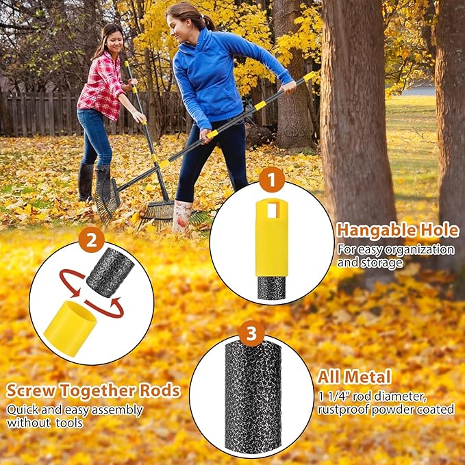 Rake, 65 Inch Long Garden Rake, 25 Tines 18 Inch Wide Heavy Duty Metal Leaf Rakes for Leaves Shrub, Yard Thatching Rakes with Adjustable Long Handle for Wees,Debris, Leaves,Grass